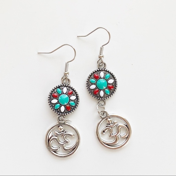 3/$15 Silver Boho Mandala Namaste Dangle Earrings - Picture 2 of 7